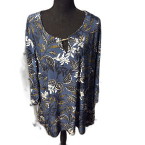 Plus Size 3X Blue Floral Tunic 3/4 Sleeves Chain closure stretchy Zac&Rachel VNC